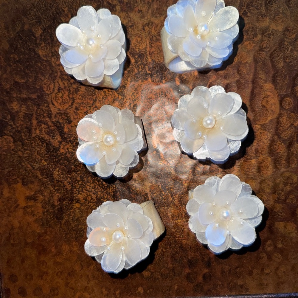 Capiz Shell & Faux Pearl Flower Napkin Rings Early 90s